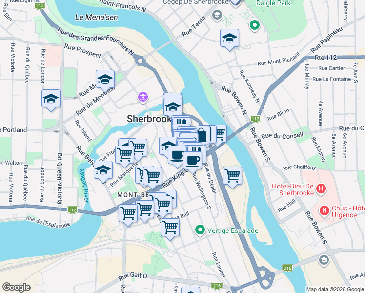 map of restaurants, bars, coffee shops, grocery stores, and more near 85 Rue Albert in Sherbrooke