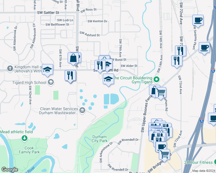 map of restaurants, bars, coffee shops, grocery stores, and more near 7980 Southwest Durham Road in Tigard