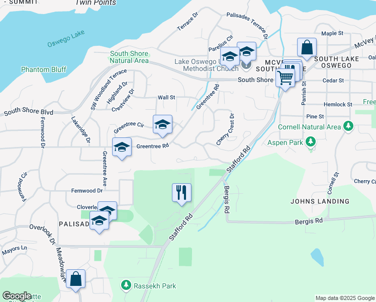 map of restaurants, bars, coffee shops, grocery stores, and more near 835 Clara Court in Lake Oswego
