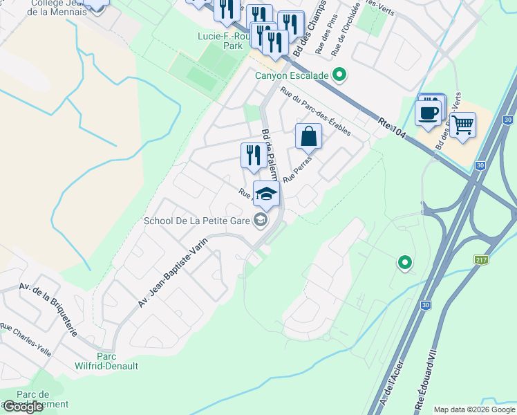 map of restaurants, bars, coffee shops, grocery stores, and more near 95 Rue Perron in La Prairie