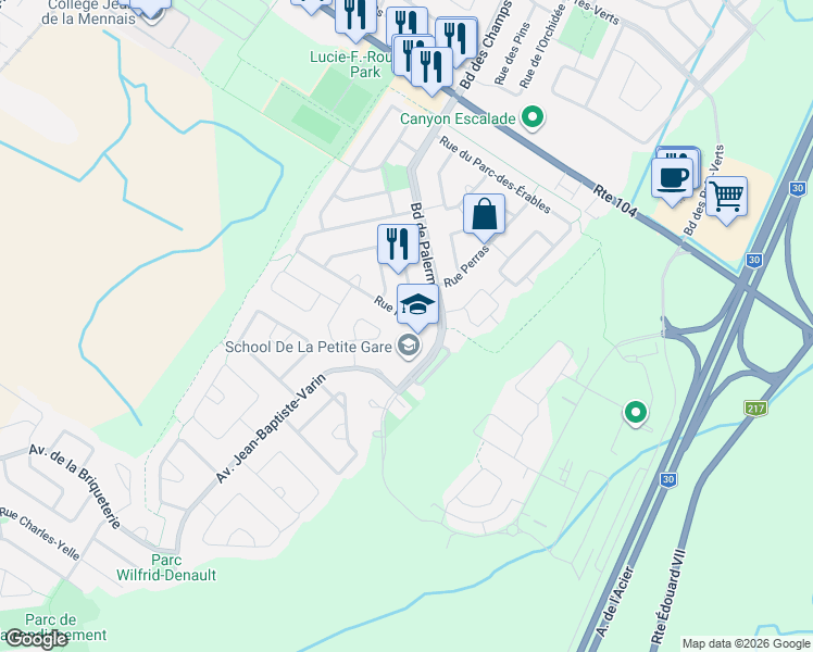 map of restaurants, bars, coffee shops, grocery stores, and more near 95 Rue Perron in La Prairie