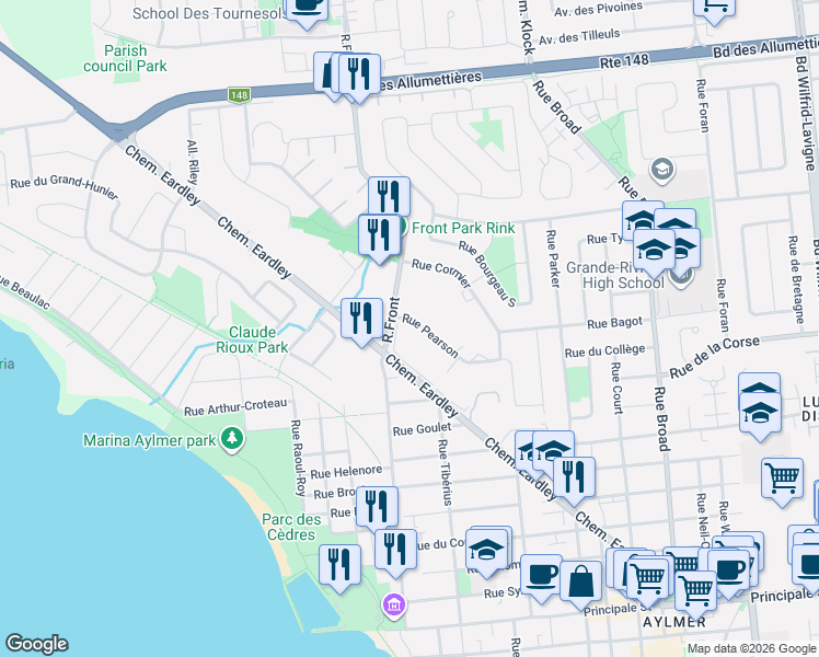 map of restaurants, bars, coffee shops, grocery stores, and more near 90 Rue Front in Gatineau