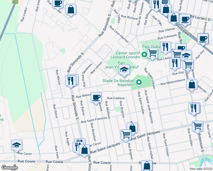 map of restaurants, bars, coffee shops, grocery stores, and more near 760 Rue Demers in Granby