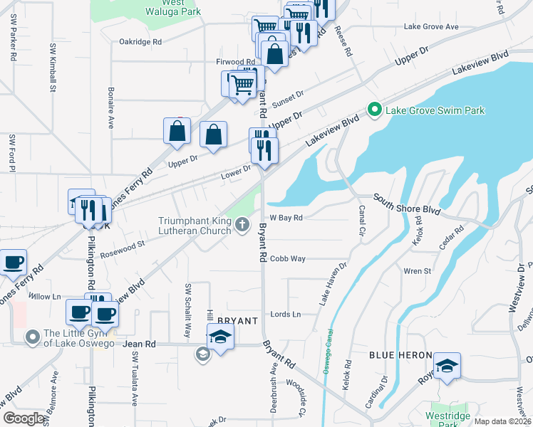 map of restaurants, bars, coffee shops, grocery stores, and more near 4487 West Bay Road in Lake Oswego