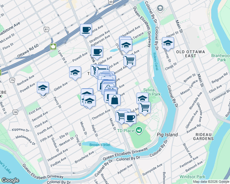 map of restaurants, bars, coffee shops, grocery stores, and more near 86 Fourth Avenue in Ottawa