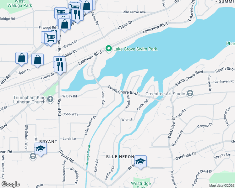 map of restaurants, bars, coffee shops, grocery stores, and more near 17427 Canal Circle in Lake Oswego