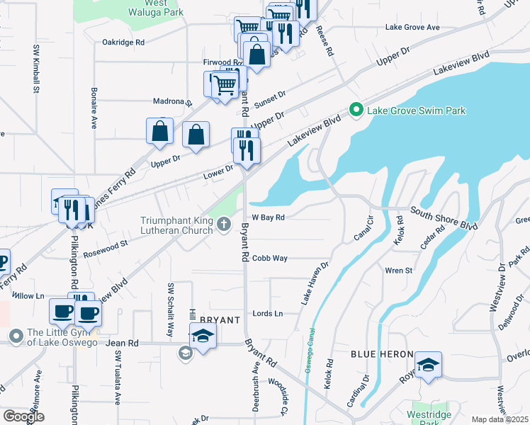 map of restaurants, bars, coffee shops, grocery stores, and more near 4484 West Bay Road in Lake Oswego