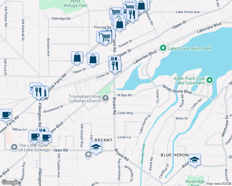 map of restaurants, bars, coffee shops, grocery stores, and more near 4484 West Bay Road in Lake Oswego