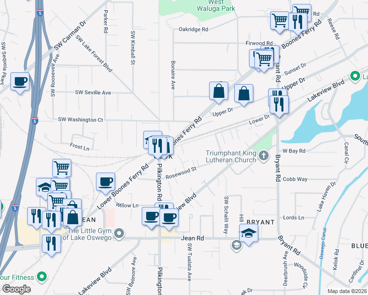 map of restaurants, bars, coffee shops, grocery stores, and more near 5328 Lower Drive in Lake Oswego