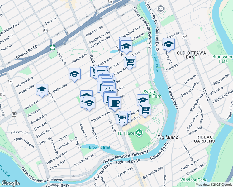 map of restaurants, bars, coffee shops, grocery stores, and more near in Ottawa