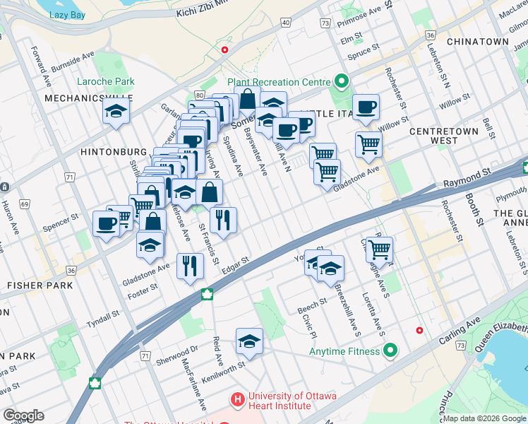 map of restaurants, bars, coffee shops, grocery stores, and more near 1040 Gladstone Avenue in Ottawa