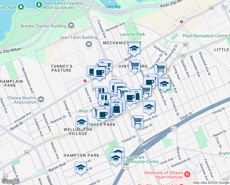 map of restaurants, bars, coffee shops, grocery stores, and more near in Ottawa