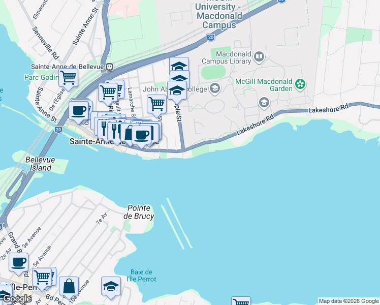 map of restaurants, bars, coffee shops, grocery stores, and more near 2 Rue Sainte Anne in Sainte-Anne-de-Bellevue
