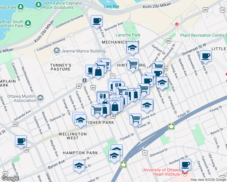 map of restaurants, bars, coffee shops, grocery stores, and more near 45 Spencer Street in Ottawa