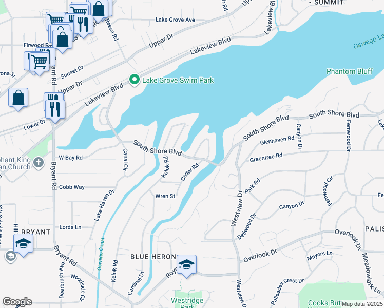 map of restaurants, bars, coffee shops, grocery stores, and more near 16720 Alder Circle in Lake Oswego