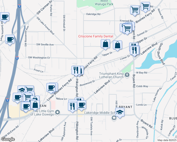 map of restaurants, bars, coffee shops, grocery stores, and more near 5328 Lower Drive in Lake Oswego
