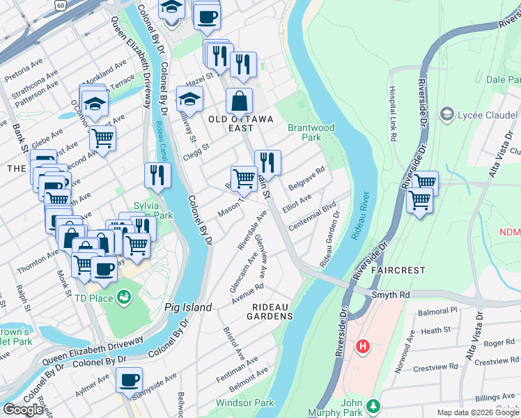 map of restaurants, bars, coffee shops, grocery stores, and more near 26 Riverdale Avenue in Ottawa