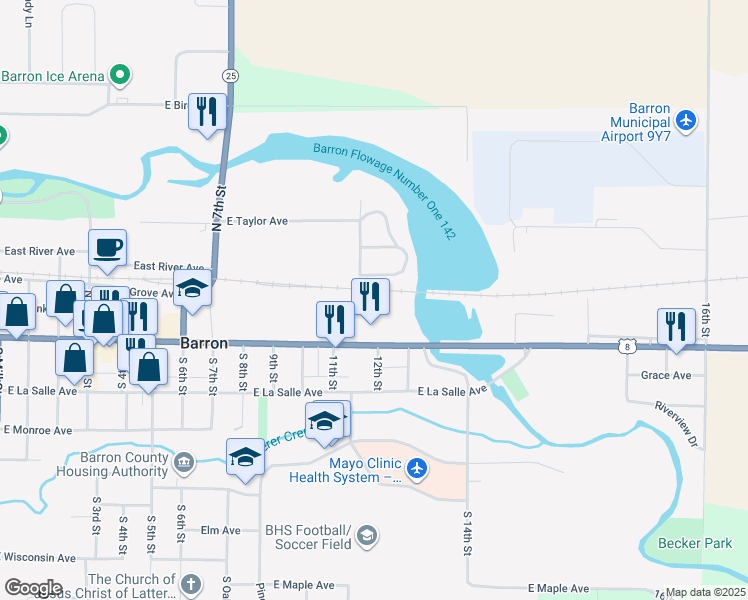 map of restaurants, bars, coffee shops, grocery stores, and more near 1157 East Division Avenue in Barron
