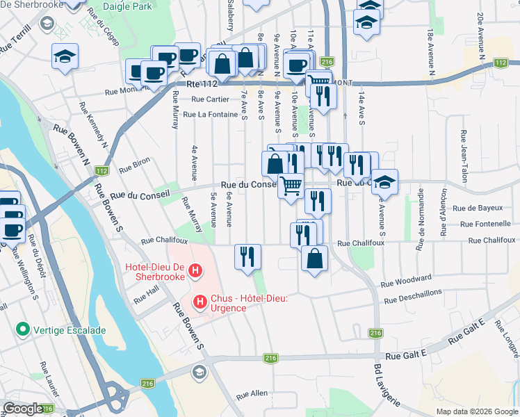 map of restaurants, bars, coffee shops, grocery stores, and more near 351 8e Avenue S in Sherbrooke