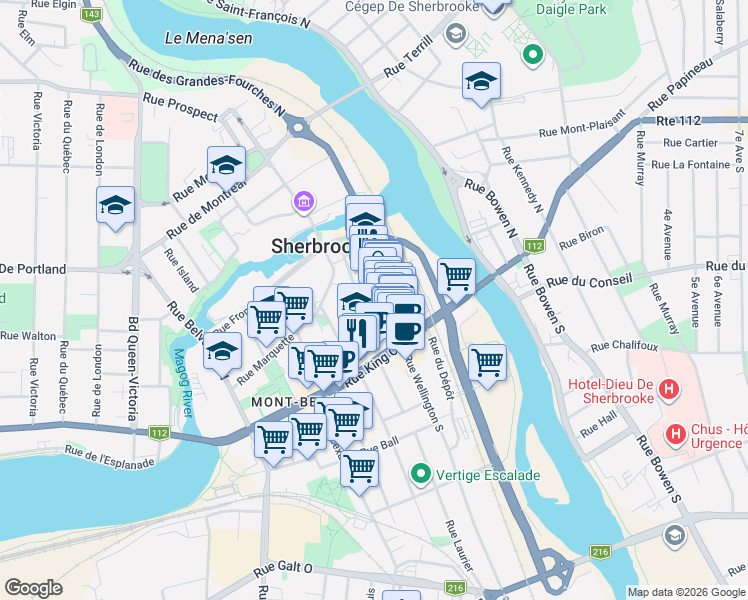 map of restaurants, bars, coffee shops, grocery stores, and more near 79 Rue Wellington Nord in Sherbrooke
