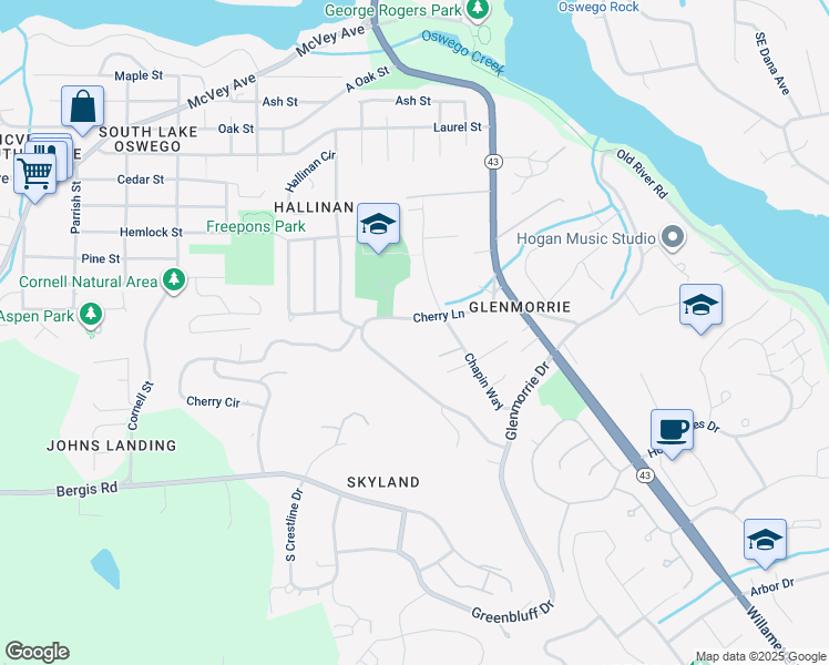 map of restaurants, bars, coffee shops, grocery stores, and more near 17037 Chapin Way in Lake Oswego