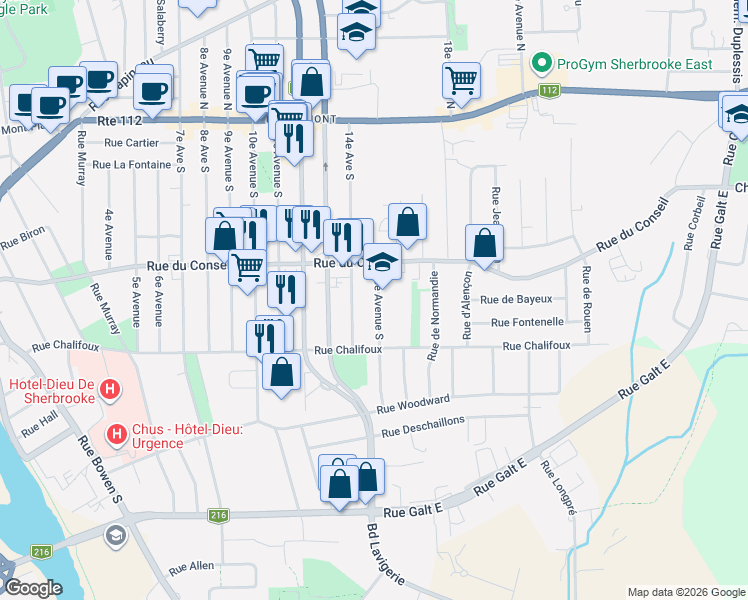 map of restaurants, bars, coffee shops, grocery stores, and more near 355 15e Av Sud in Sherbrooke