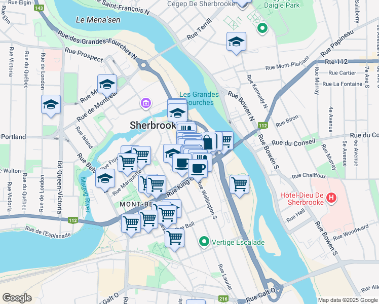 map of restaurants, bars, coffee shops, grocery stores, and more near 74 Rue Wellington Nord in Sherbrooke
