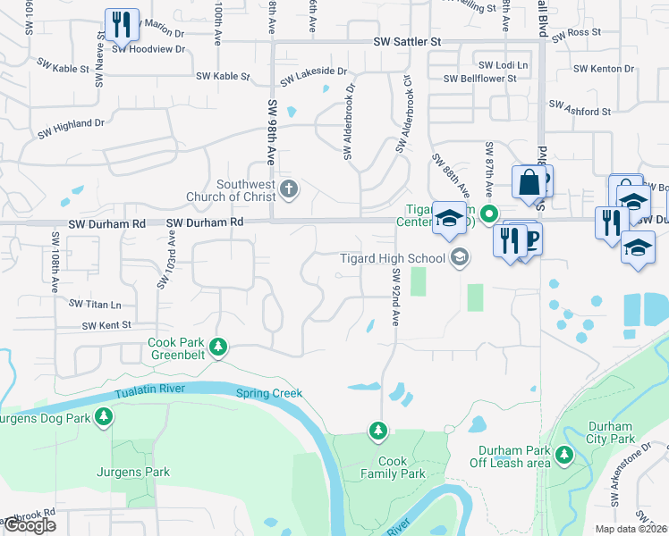 map of restaurants, bars, coffee shops, grocery stores, and more near 16300 Southwest Copper Creek Drive in Tigard