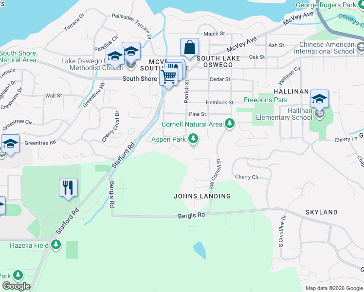 map of restaurants, bars, coffee shops, grocery stores, and more near 1662 Fircrest Drive in Lake Oswego