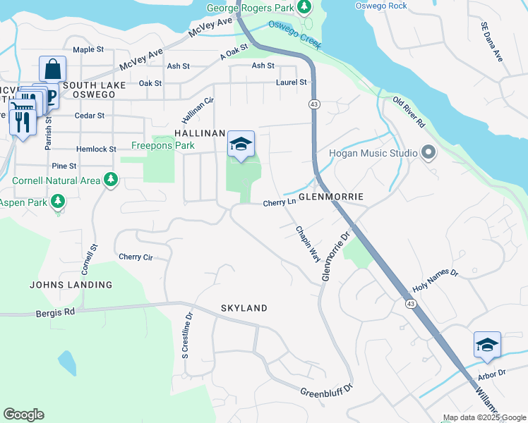 map of restaurants, bars, coffee shops, grocery stores, and more near 17037 Chapin Way in Lake Oswego