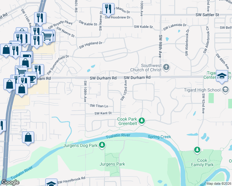 map of restaurants, bars, coffee shops, grocery stores, and more near 16309 Southwest 104th Avenue in Tigard
