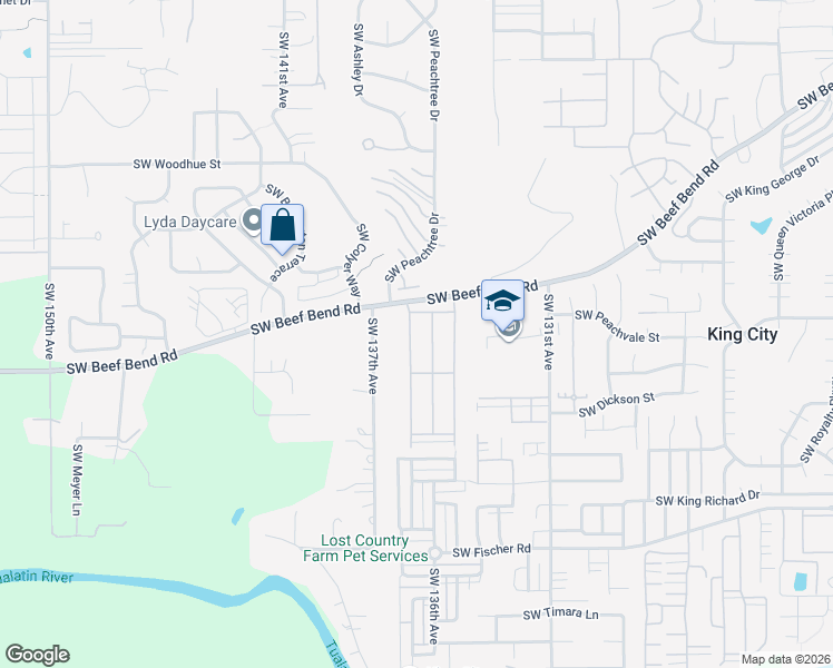 map of restaurants, bars, coffee shops, grocery stores, and more near 13620 Southwest Beef Bend Road in King City