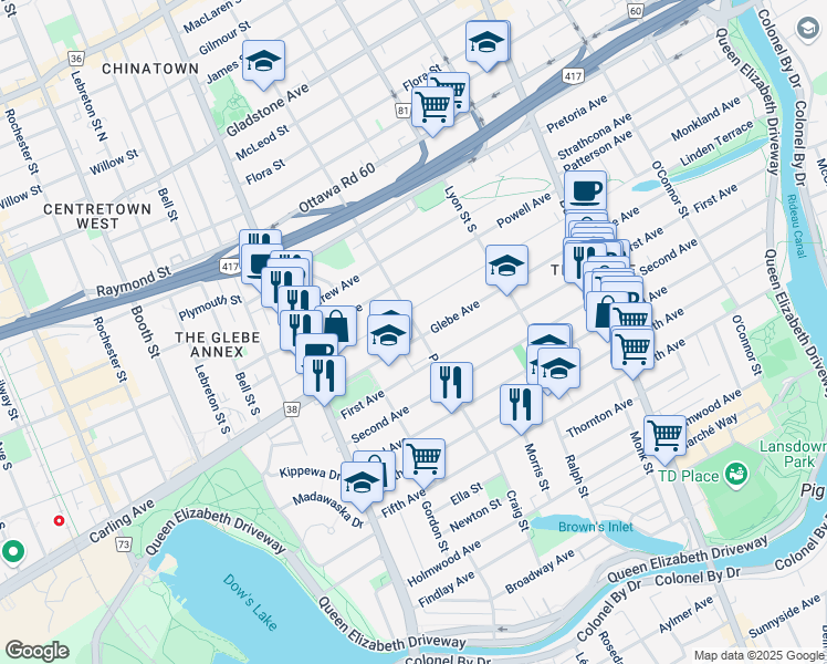 map of restaurants, bars, coffee shops, grocery stores, and more near in Ottawa