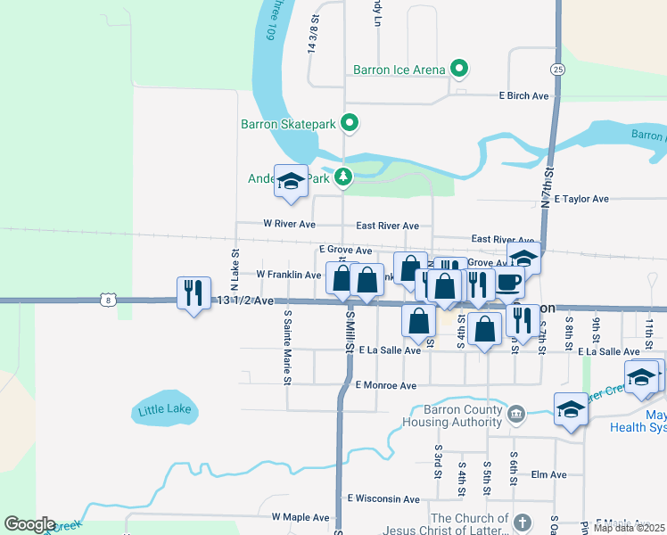 map of restaurants, bars, coffee shops, grocery stores, and more near 27 North Mill Street in Barron