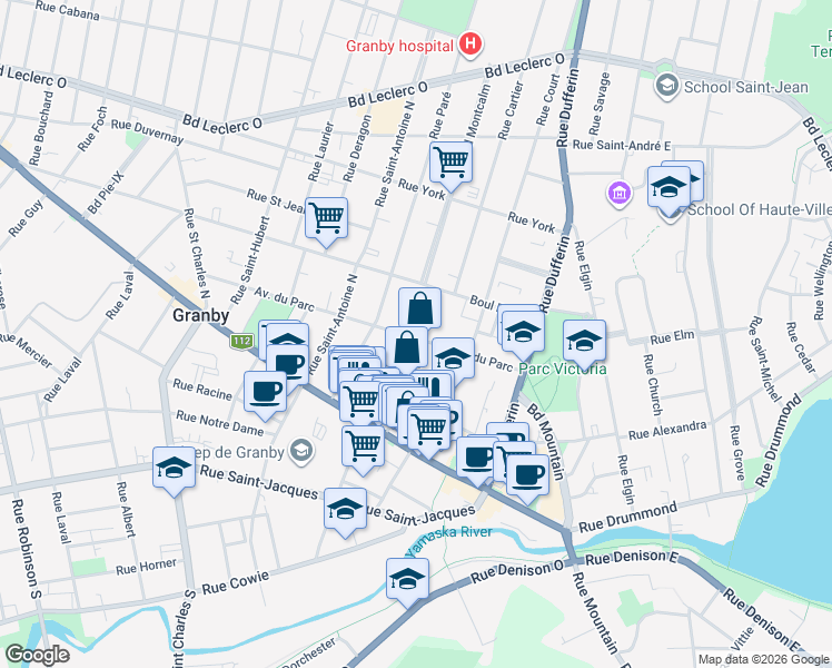 map of restaurants, bars, coffee shops, grocery stores, and more near 201 Avenue du Parc in Granby