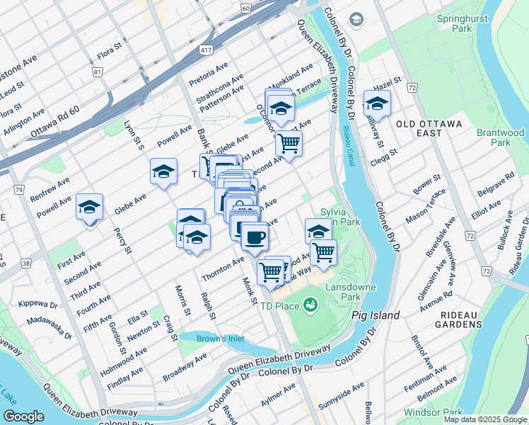 map of restaurants, bars, coffee shops, grocery stores, and more near 80 Fourth Avenue in Ottawa