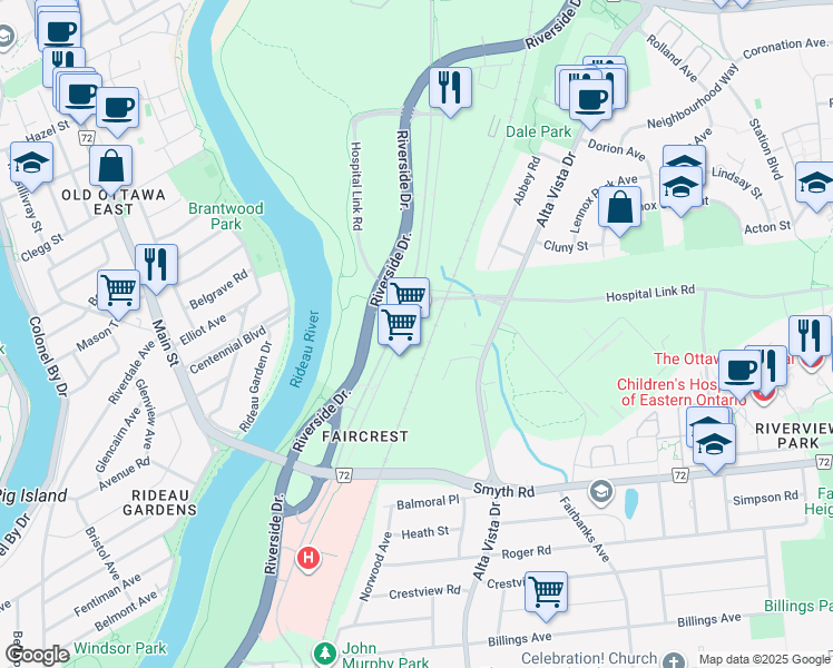 map of restaurants, bars, coffee shops, grocery stores, and more near 1725 Frobisher Lane in Ottawa