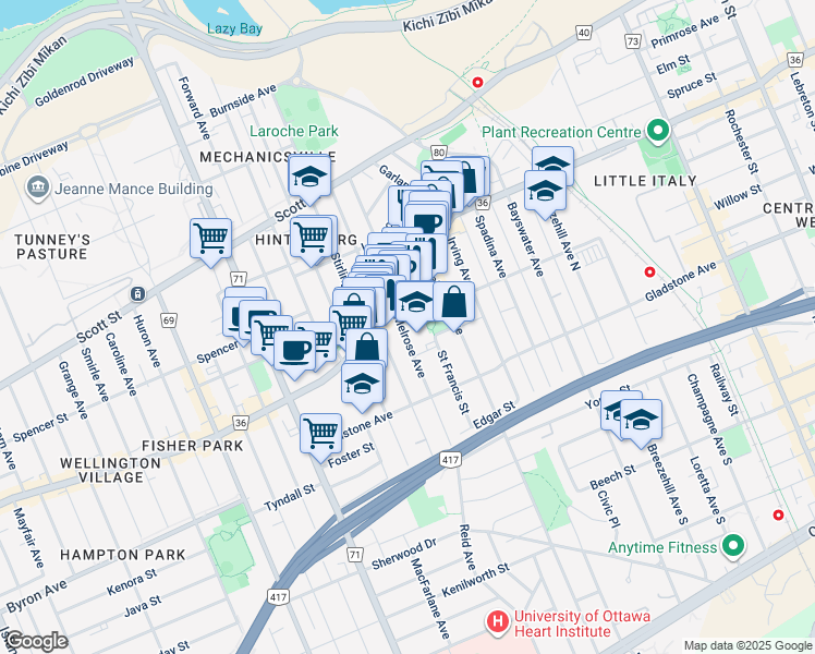 map of restaurants, bars, coffee shops, grocery stores, and more near 19 Melrose Avenue in Ottawa