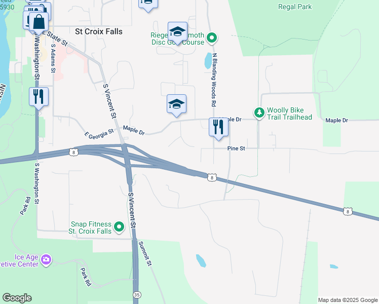 map of restaurants, bars, coffee shops, grocery stores, and more near 727 Highview Court in Saint Croix Falls