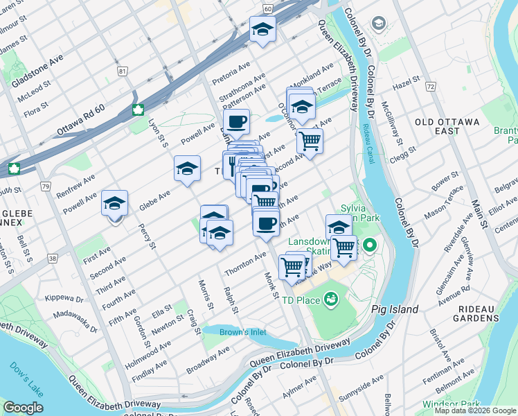 map of restaurants, bars, coffee shops, grocery stores, and more near in Ottawa