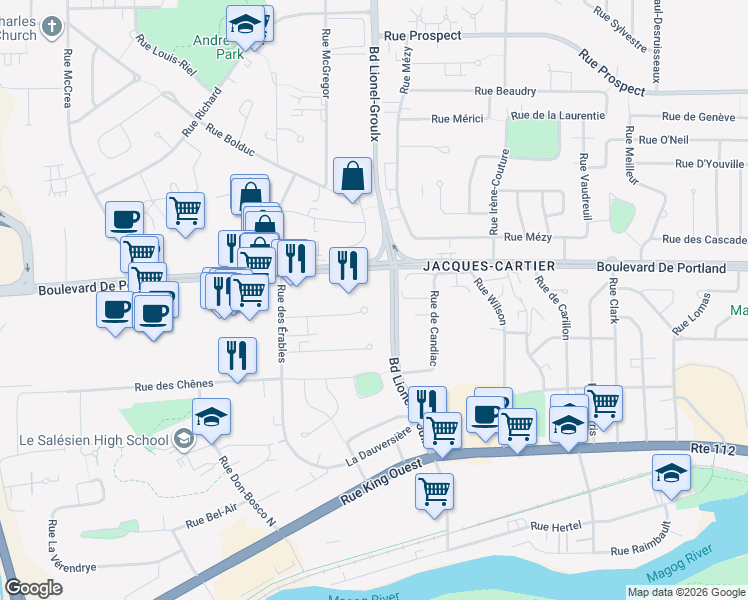 map of restaurants, bars, coffee shops, grocery stores, and more near 2775 Rue du Manoir in Sherbrooke