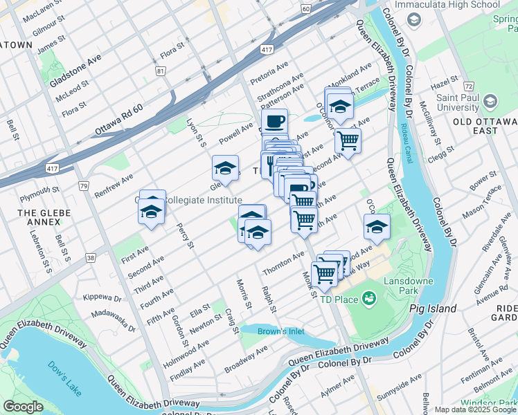 map of restaurants, bars, coffee shops, grocery stores, and more near 724 Bank Street in Ottawa