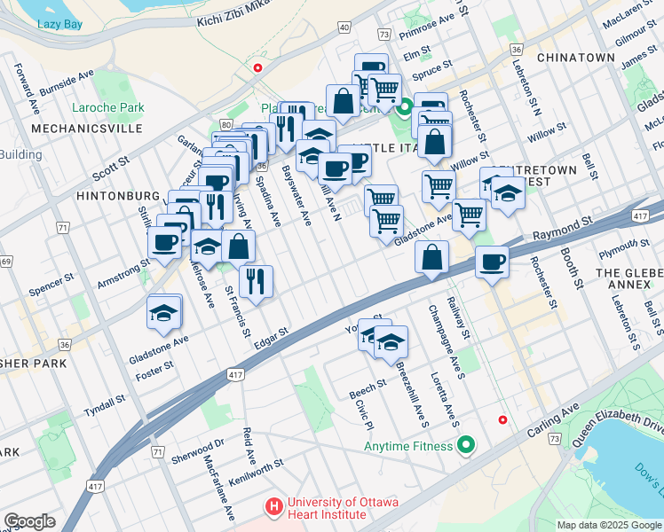map of restaurants, bars, coffee shops, grocery stores, and more near 125 Bayswater Avenue in Ottawa