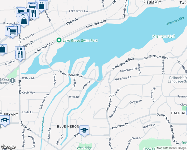 map of restaurants, bars, coffee shops, grocery stores, and more near 16969 Alder Circle in Lake Oswego