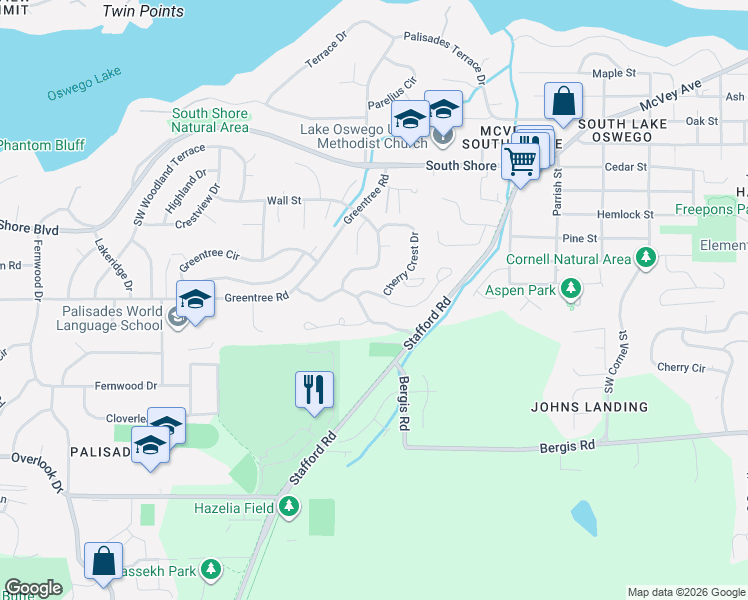 map of restaurants, bars, coffee shops, grocery stores, and more near 674 Livingood Lane in Lake Oswego