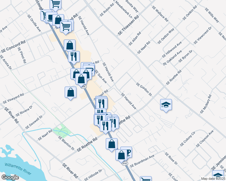 map of restaurants, bars, coffee shops, grocery stores, and more near 16504 Southeast Harold Avenue in Milwaukie