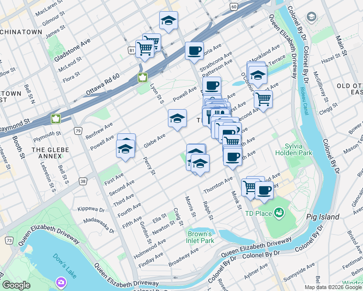 map of restaurants, bars, coffee shops, grocery stores, and more near 268 First Avenue in Ottawa