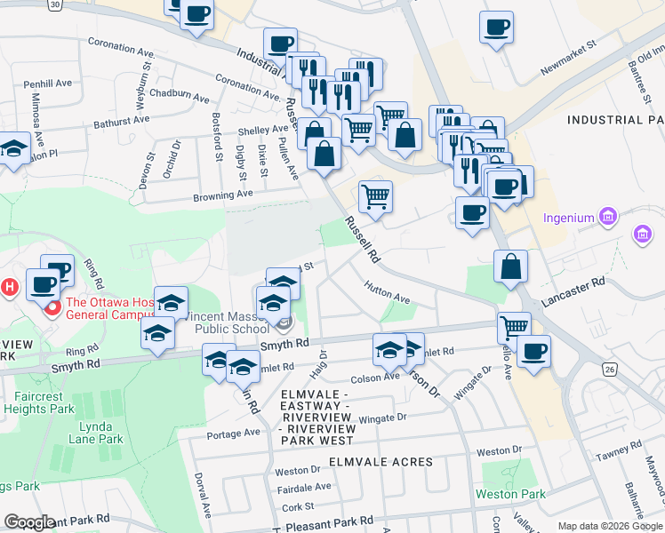 map of restaurants, bars, coffee shops, grocery stores, and more near 1788 Haig Drive in Ottawa