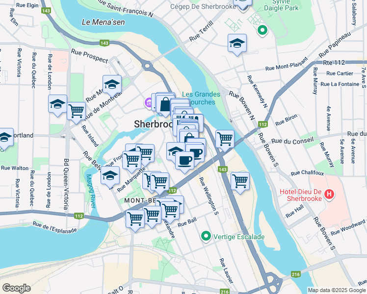 map of restaurants, bars, coffee shops, grocery stores, and more near 93 Rue Wellington Nord in Sherbrooke