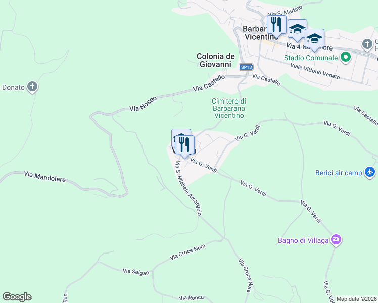 map of restaurants, bars, coffee shops, grocery stores, and more near 11 Via Visentin in Villaga